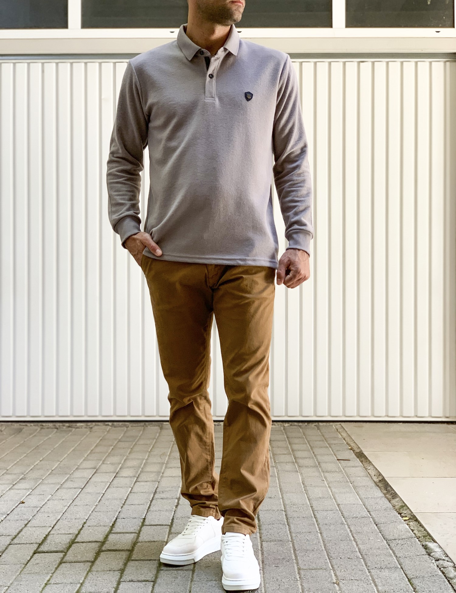 Ανδρική γκρι Polo μακρυμάνικη μπλούζα Plus size Everbest 241032Q φωτογραφία